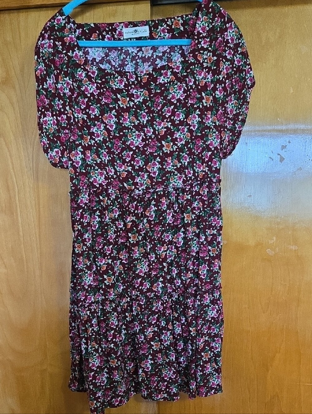 NATURAL LIFE Burgundy Floral Dress with Pink and Green Accents COTTON AND RAYON